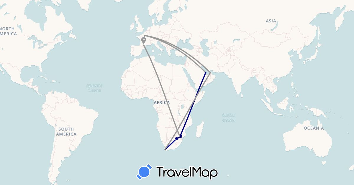 TravelMap itinerary: driving, plane in United Arab Emirates, France, Qatar, South Africa (Africa, Asia, Europe)